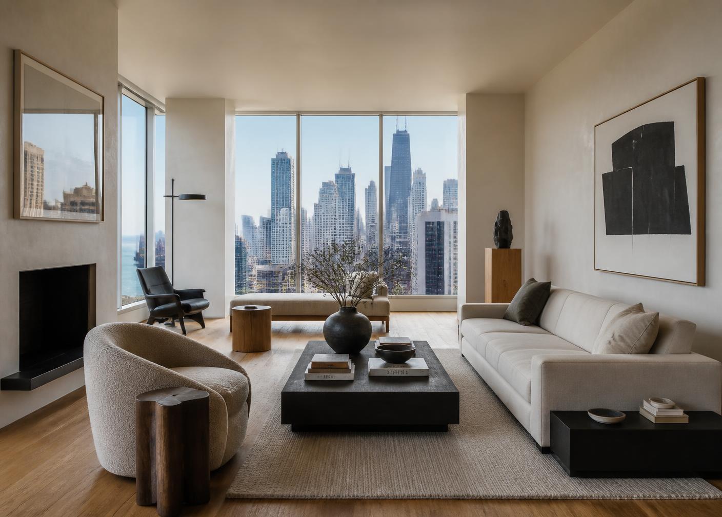 Living room of a luxury Chicago residence with skyline views